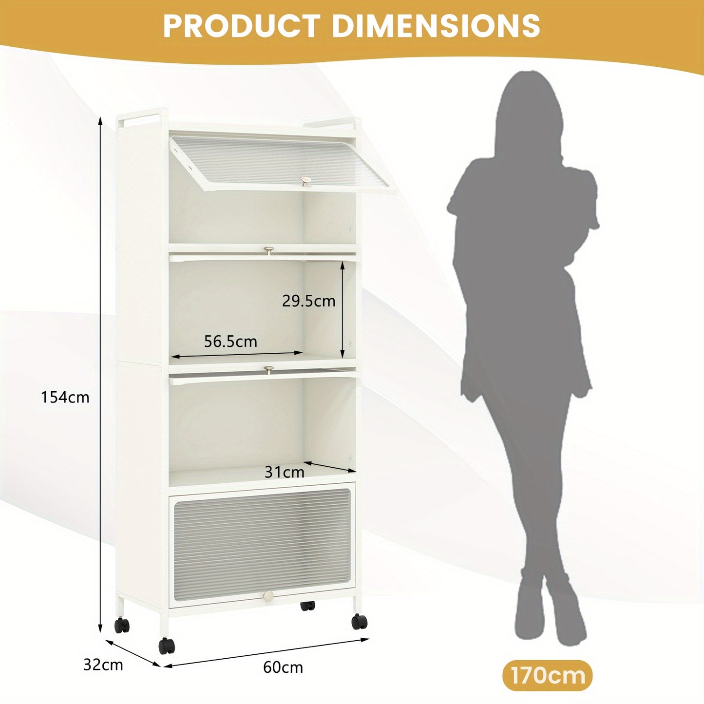 Opbergkast – Opbergrek – Keukenkast – Wandkast – Opbergmeubel – Verrijdbaar – 5 Lagen – Kunststof Wit – Schuifdeuren – 60x32x154 cm – Draagkracht 15 kg per plank