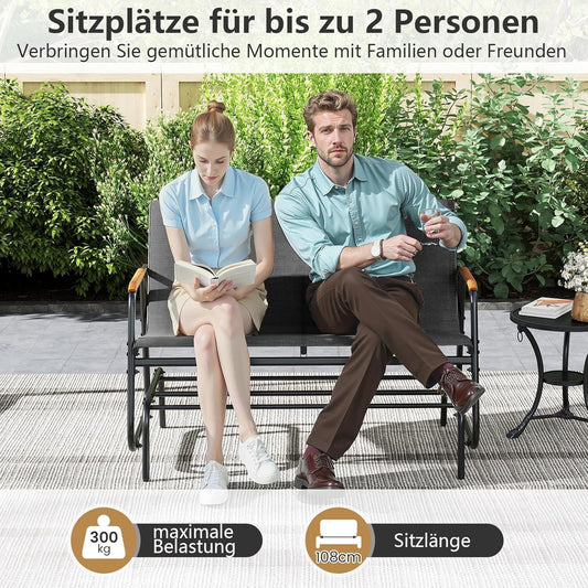 Patio Schommelbank – Tuinbank – Schommelstoel – Buitenbank – Balkonbank – 2-Persoons – Metalen Frame – Ergonomische Rugleuning – Teakhouten Armleuningen