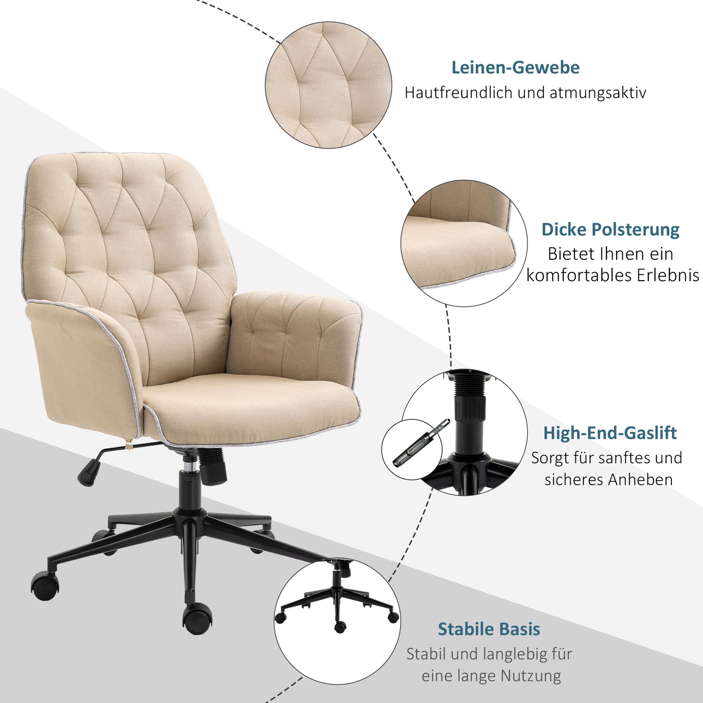 Bureaustoel – Office Chair – Kantoorstoel – Draaistoel – Bureaustoel – Verstelbare Hoogte – Kantelfunctie – Linnenstof – 360° Wieltjes – Beige – 66 x 69 x 89,5-97 cm