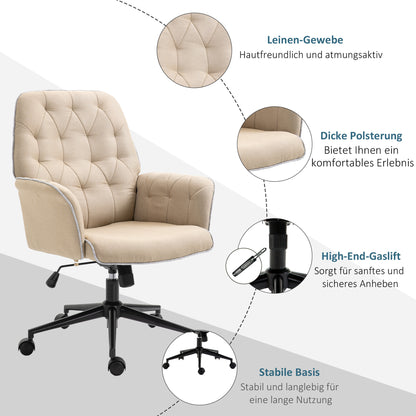 Bureaustoel – Office Chair – Kantoorstoel – Draaistoel – Bureaustoel – Verstelbare Hoogte – Kantelfunctie – Linnenstof – 360° Wieltjes – Beige – 66 x 69 x 89,5-97 cm