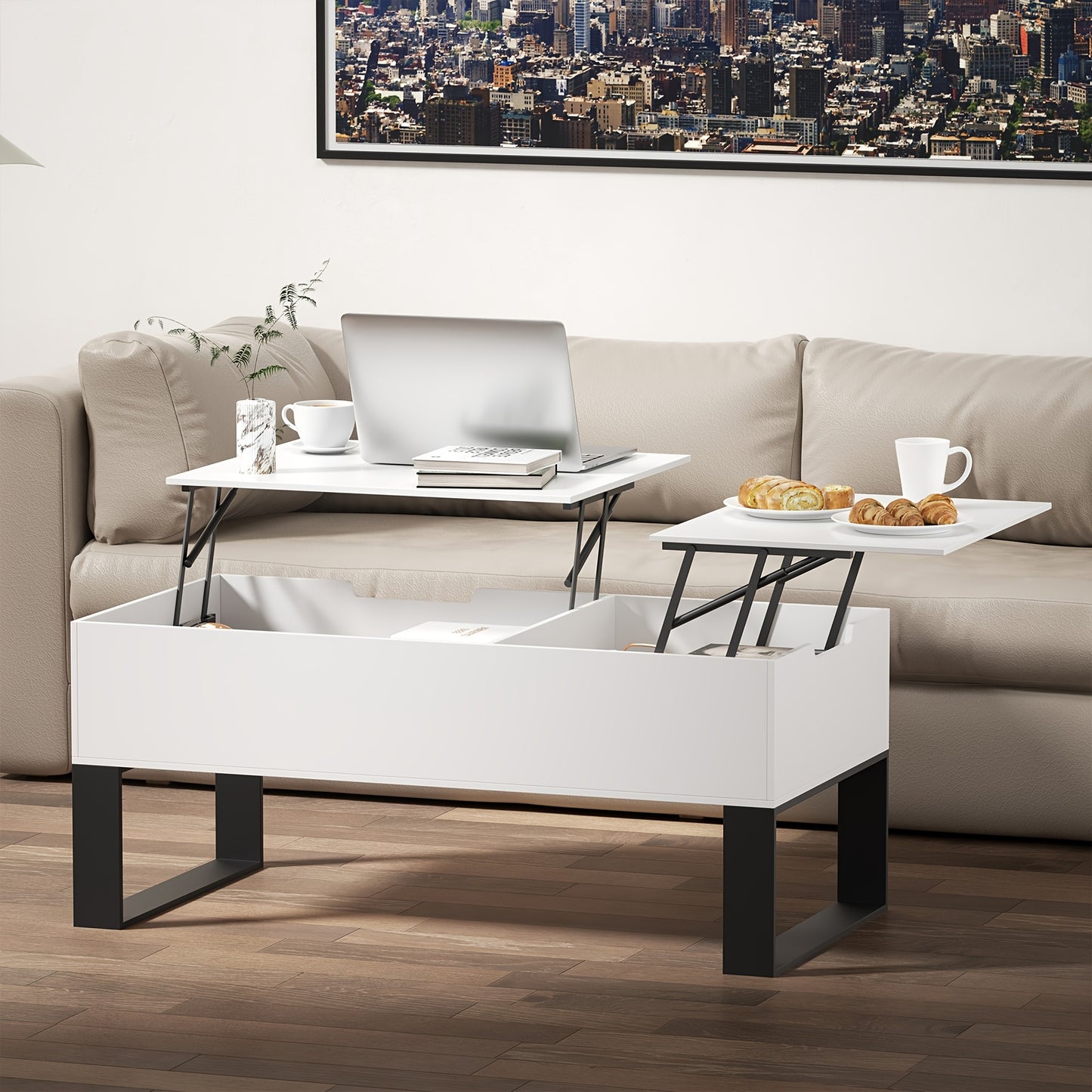 Witte Salontafel – Koffietafel – Bijzettafel – Werktafel – Eettafel – Verstelbaar Met Lift-Top – Duurzaam MDF En Metalen Frame Met Verborgen Opbergruimte