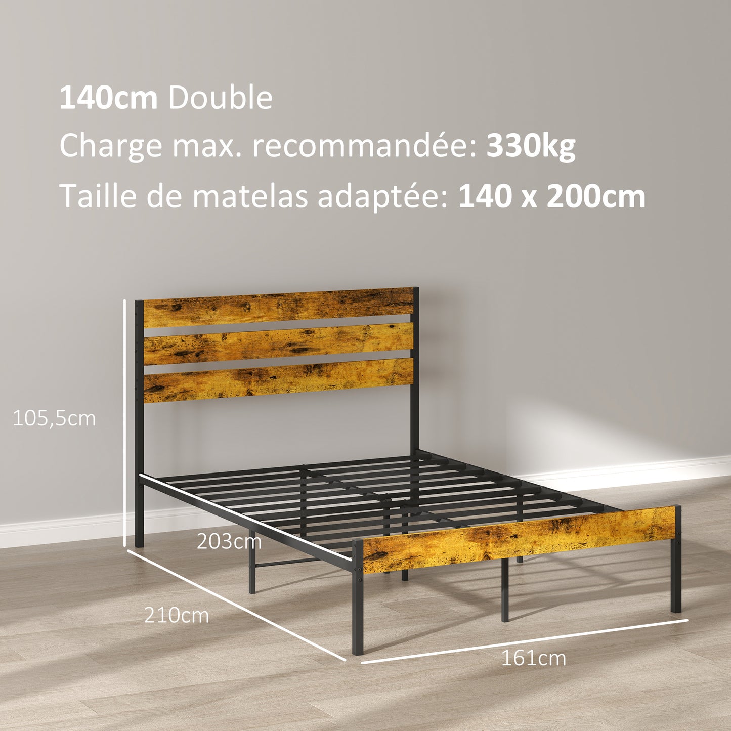 Tweepersoonsbed – Bedframe – Boxspringbed – Industrieel Bed – Slaapbed – Industrieel Design – Stevig Stalen Frame – Ruime Opbergruimte Onder Bed – Geschikt Voor Matras 140x200 cm
