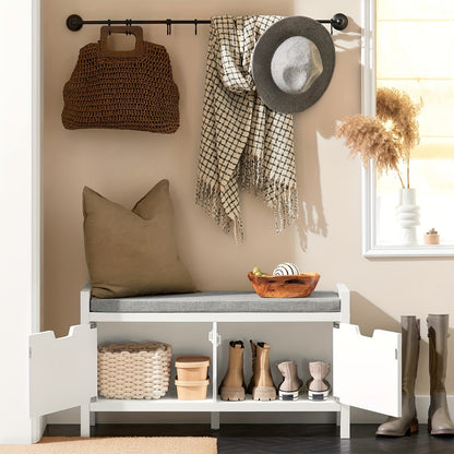 Schoenenkastje – Schoenopberger – Schoenbankje – Schoenenrek – Halmeubel – Wit – MDF Met Houten Poten – Afneembaar Grijs Zitkussen – Draagvermogen 100 kg