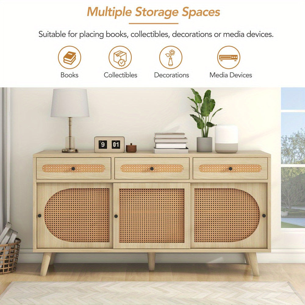 Modern Metal Sideboard Cabinet with Adjustable Shelves & 3 Sliding Doors - Heavy-Duty Freestanding Storage Organizer, 3 Drawers, Sturdy Metal Construction, Space-Saving Design for Living Room, Dining Room, Entryway - Elegant