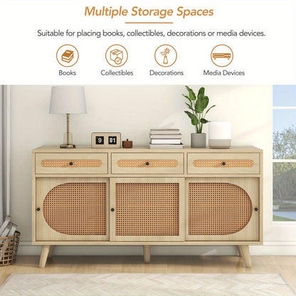 Modern Metal Sideboard Cabinet with Adjustable Shelves & 3 Sliding Doors - Heavy-Duty Freestanding Storage Organizer, 3 Drawers, Sturdy Metal Construction, Space-Saving Design for Living Room, Dining Room, Entryway - Elegant