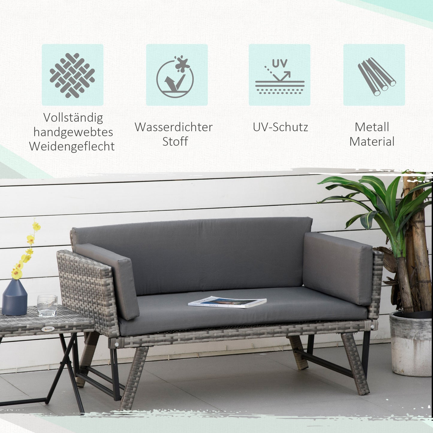 Polyrattan Tuinbank – Tuinmeubel – Buitenbank – Loungesofa – Tuinbank 2 Persoons – Grijs – Weerbestendig Materiaal – Opklapbare Armleuningen – 129 x 63 x 67 cm