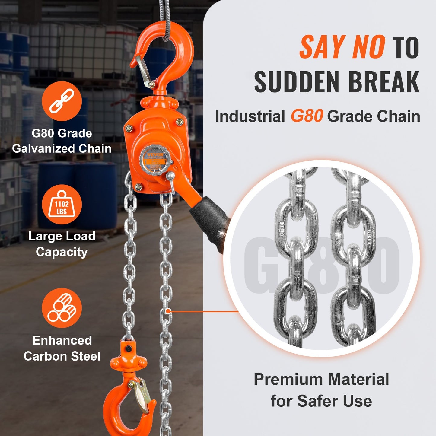 Kettingtakel – Handtakel – Levertakel – Hijstakel – Hijsblok – 1/2 Ton Capaciteit – G80 Gegalvaniseerd Staal – Dubbele Palrem – 360° Draaibare Haak
