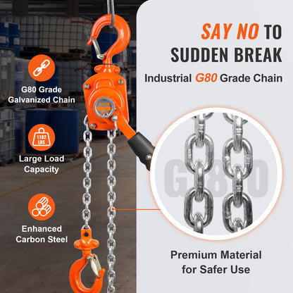 Kettingtakel – Handtakel – Levertakel – Hijstakel – Hijsblok – 1/2 Ton Capaciteit – G80 Gegalvaniseerd Staal – Dubbele Palrem – 360° Draaibare Haak