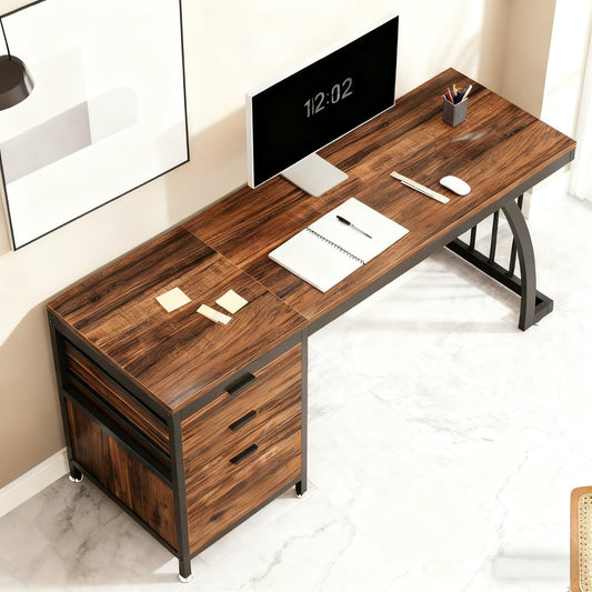 Industrieel Bureau – Computertafel – Werkplek – Schrijftafel – Bureau Met Laden – Rustic Brown – 150 cm Breed – 3 Laden Inclusief Documentlade – Verstelbare Poten – Stabiel Metalen Onderstel