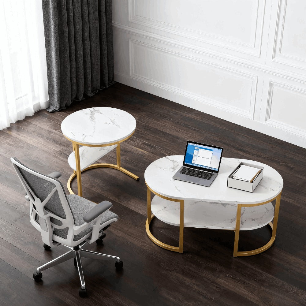 Salontafelset – Bijzettafel – Woonkamertafel – Sofa Tafel – Opbergtafel – Rond en Ovaal – Met Opbergruimte – Met Metalen Frame en Marmerlook Blad