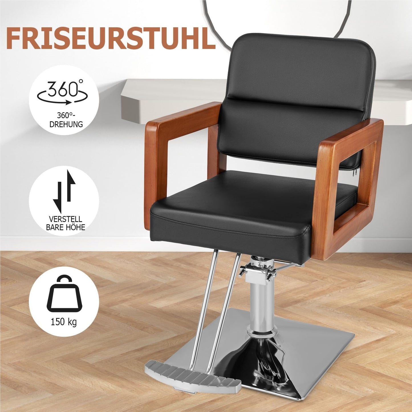 Kappersstoel – Barbershop Stoel – Salonstoel – Kapperskruk – Barberkruk – 360° Draaibaar – Verstelbare Zithoogte 50-65 cm – Belastbaar Tot 150 kg – Hydraulische Pomp – Houten Armleuningen