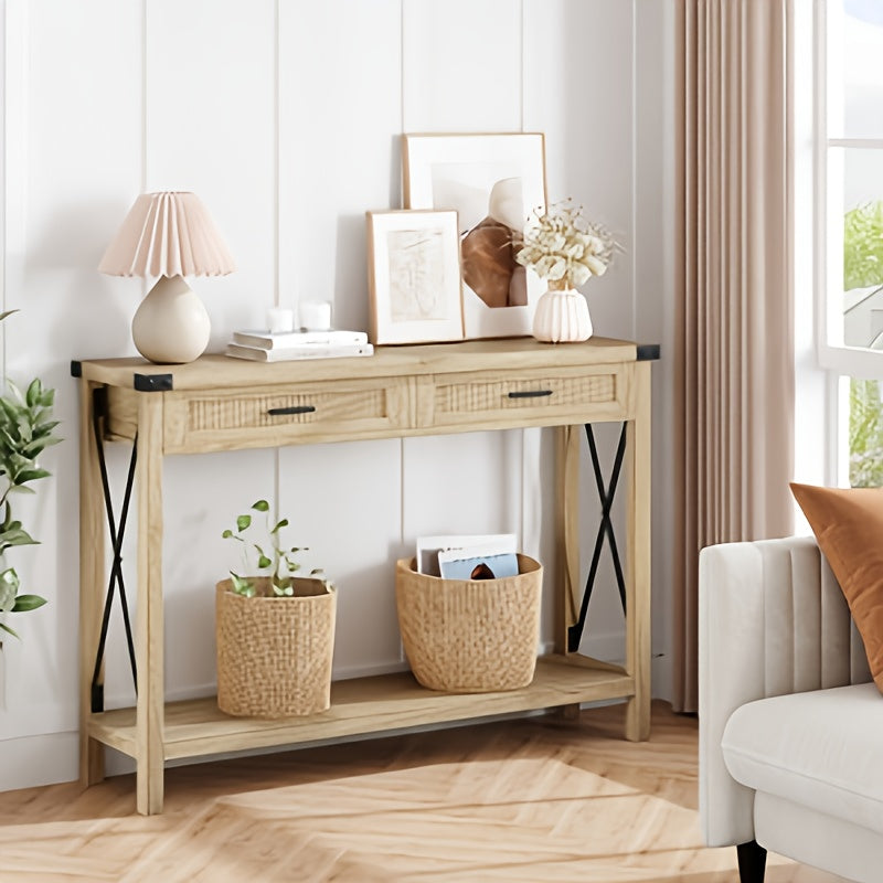 Bijzettafel – Side Table – Nachtkastje – Telefoonmeubel – Opbergkastje – Vintage Uitstraling – Massief Eiken Afwerking – Compact Onder 68,5 cm – Rieten Deuren