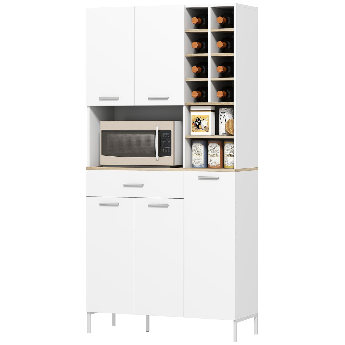 Keukenkast – Keukenmeubel – Opbergkast – Buffetkast – Onderkast – Wit MDF – Met Open Planken en Wijnrek – 5 Deuren