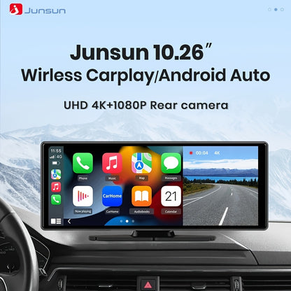 Dashcam – Auto Camera – Recorder – Navigatiesysteem – Beeldscherm – 10,26 Inch Touchscreen – Draadloze CarPlay & Android Auto – Dubbele 4K & Full HD Camera’s – GPS & Nachtzicht – Plug & Play – Links Stuur Variant