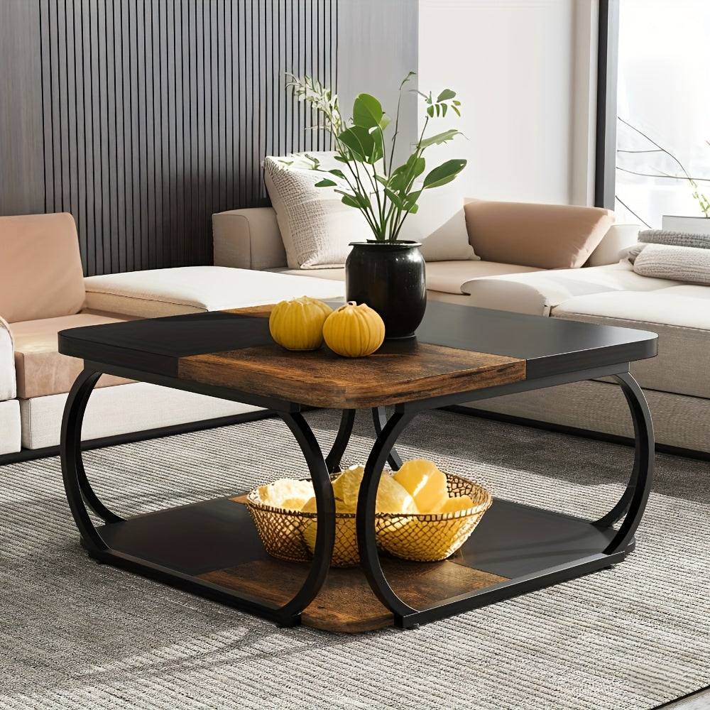 Salontafel – Koffietafel – Woonkamertafel – Bijzettafel – Salon tafel – Vierkant – Dubbele Opberglagen – Metaal & Hout – 101,6 cm – Industrieel Design