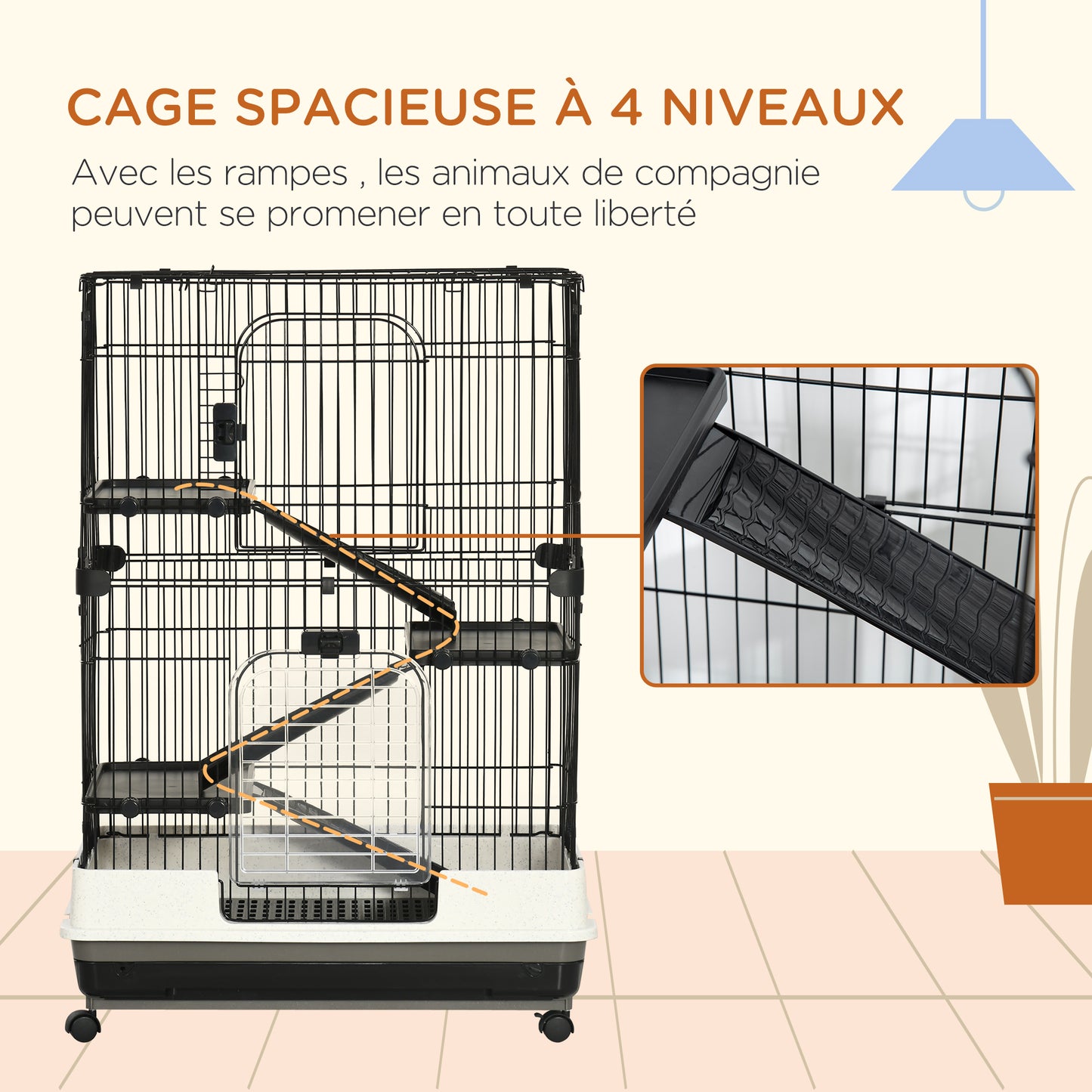 Kooi Kleine Knaagdieren – Huisdierkooi – Caviakooi – Konijnenhok – Hamsterkooi – Metalen Frame – 3 Verwijderbare Platforms – 4 Wielen Met Rem – 81,2x52,7x114 cm – Zwart