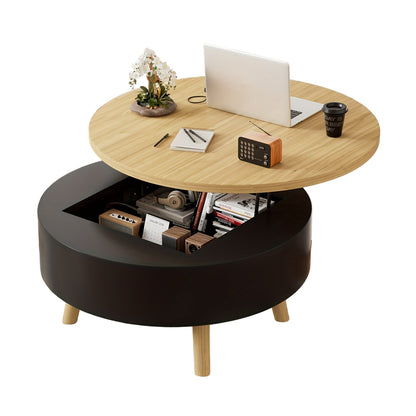 Salontafel – Woonkamertafel – Bijzettafel – Koffietafel – Rond – Verstelbaar Opklapbaar Tafelblad – Verborgen Opbergruimte – Hout en Zwart