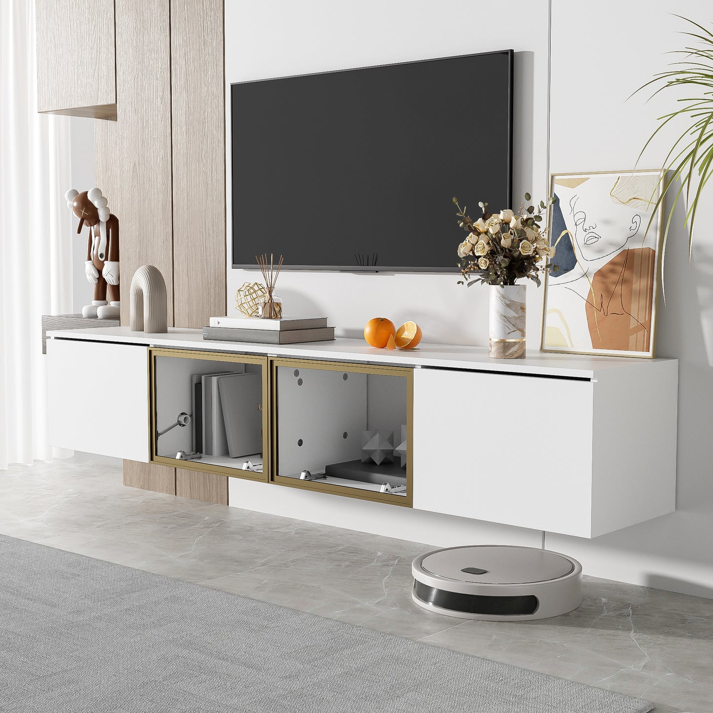 Merax 170 Cm TV Cabinet - White Minimalist Style, Floor And Wall Mounting, 4 Doors (2 Glass Doors), Versatile Mounting, Perfect for Living Room