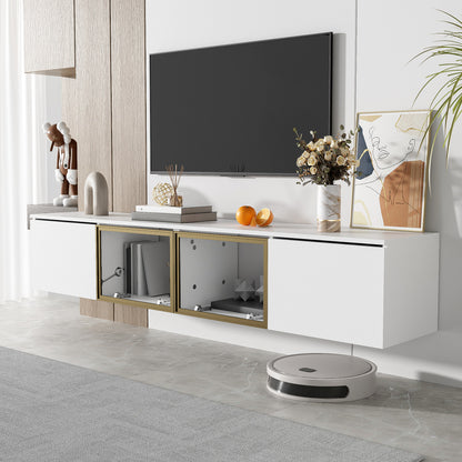 Merax 170 Cm TV Cabinet - White Minimalist Style, Floor And Wall Mounting, 4 Doors (2 Glass Doors), Versatile Mounting, Perfect for Living Room