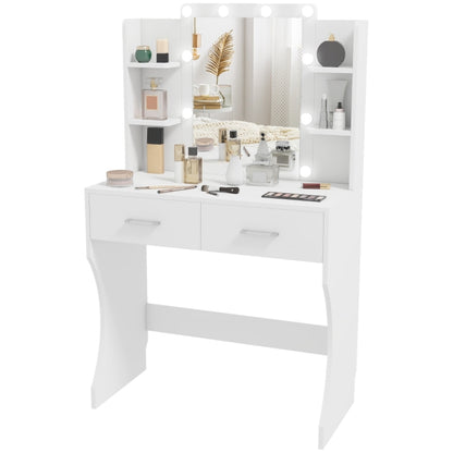 Make-up Tafel – Vanity Table – Dressing Table – Make-up Bureau – Schoonheidstafel – Wit – Compact Ontwerp – Stevig Metalen Frame – Lage Hoogte – 2 Lades & Open Planken