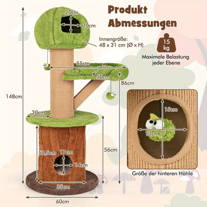 Krabpaal – Kattenboom – Kattenhuis – Krabmeubel – Kattentoren – 148 cm Hoog – Stabiel Met Groot Kattenhol – Duurzaam Multiplex Met Sisal