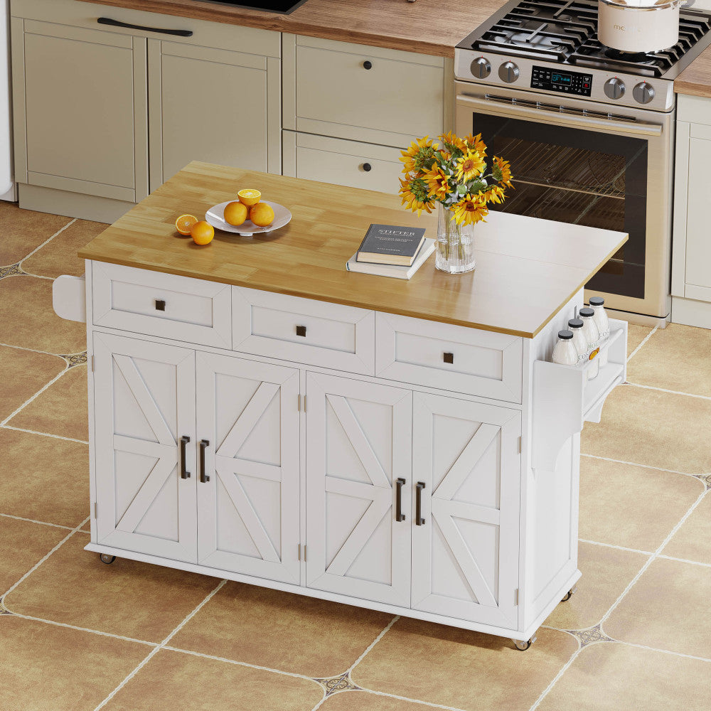 Large Mobile Kitchen Island with Fold-Down Worktop - Heavy-Duty Metal Construction, Lockable Casters, Barn-Style White Finish, 4 Doors, 3 Drawers, Double-Sided Towel Rails & Door Racks - Space-Saving Storage Cabinet for Kitch