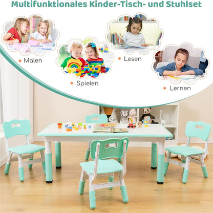 Verstelbare Kindertafel – Kinderbureau – Tafelset – Speeltafel – Eettafel – Met 4 Ergonomische Stoelen – Graffiti Tafelblad – Hoogte Verstelbaar – Veilig & Duurzaam – Groen