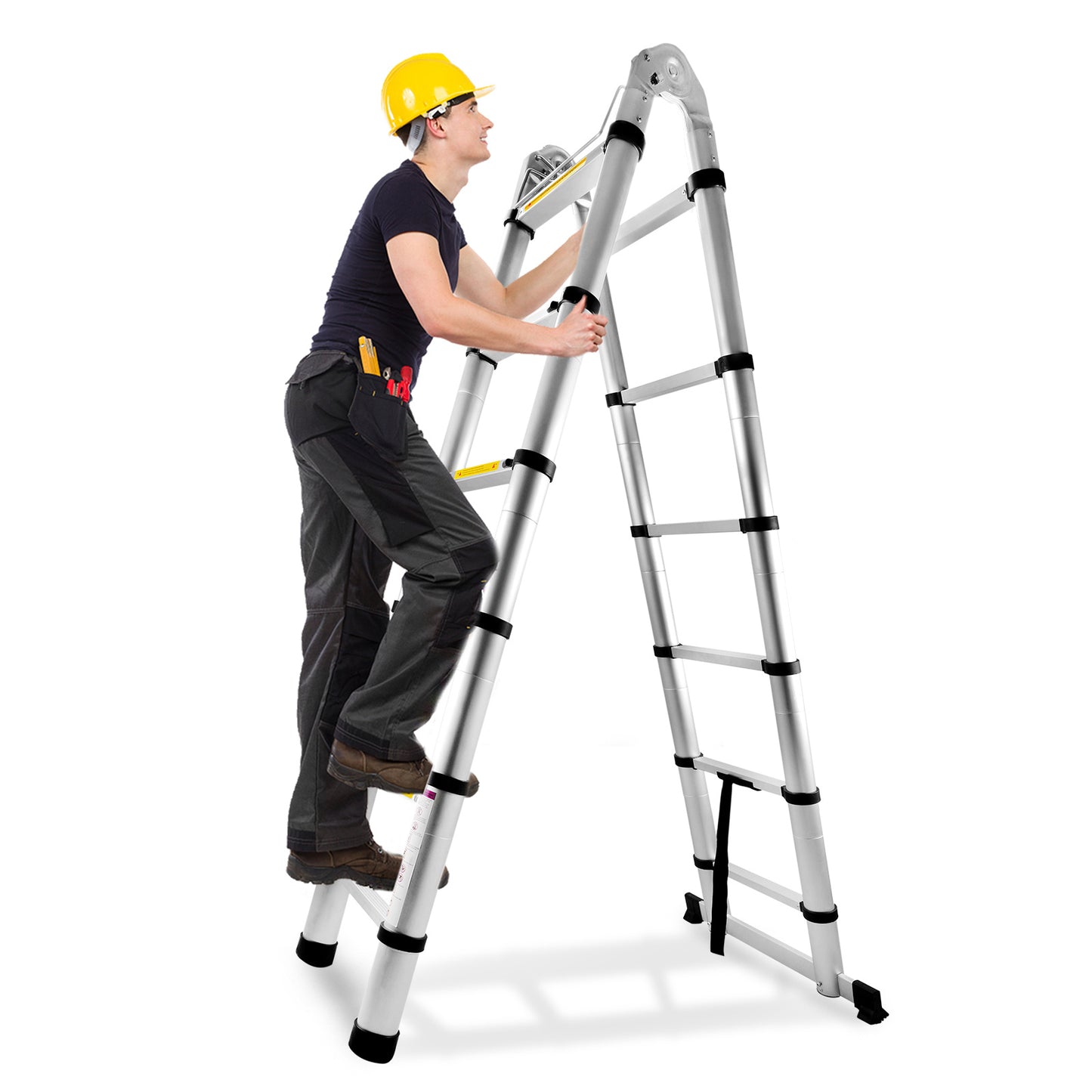 Uitschuifbare Aluminium Ladder – Inklapbare Ladder – Telescopische Ladder – Opvouwbare Ladder – Werkplaatsladder – 5 Meter Lengte – Balansstang en Wieltjes – 150 kg Belastbaar