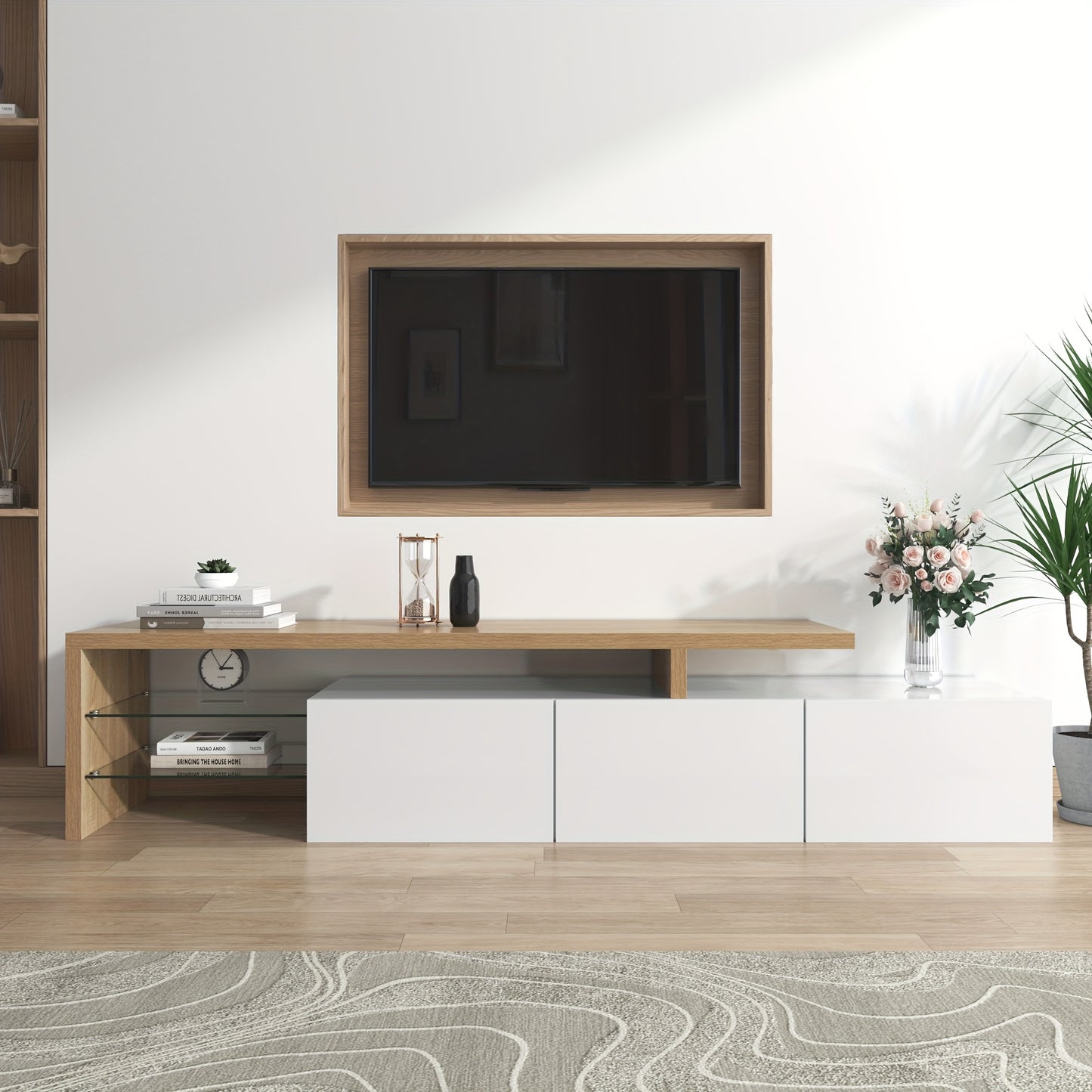 Tv Meubel – TV Kast – TV Meubelkast – Mediameubel – TV Dressoir – Hoogglans Wit – Bamboe Met Glazen Planken – Minimalistisch Ruimtebesparend Design