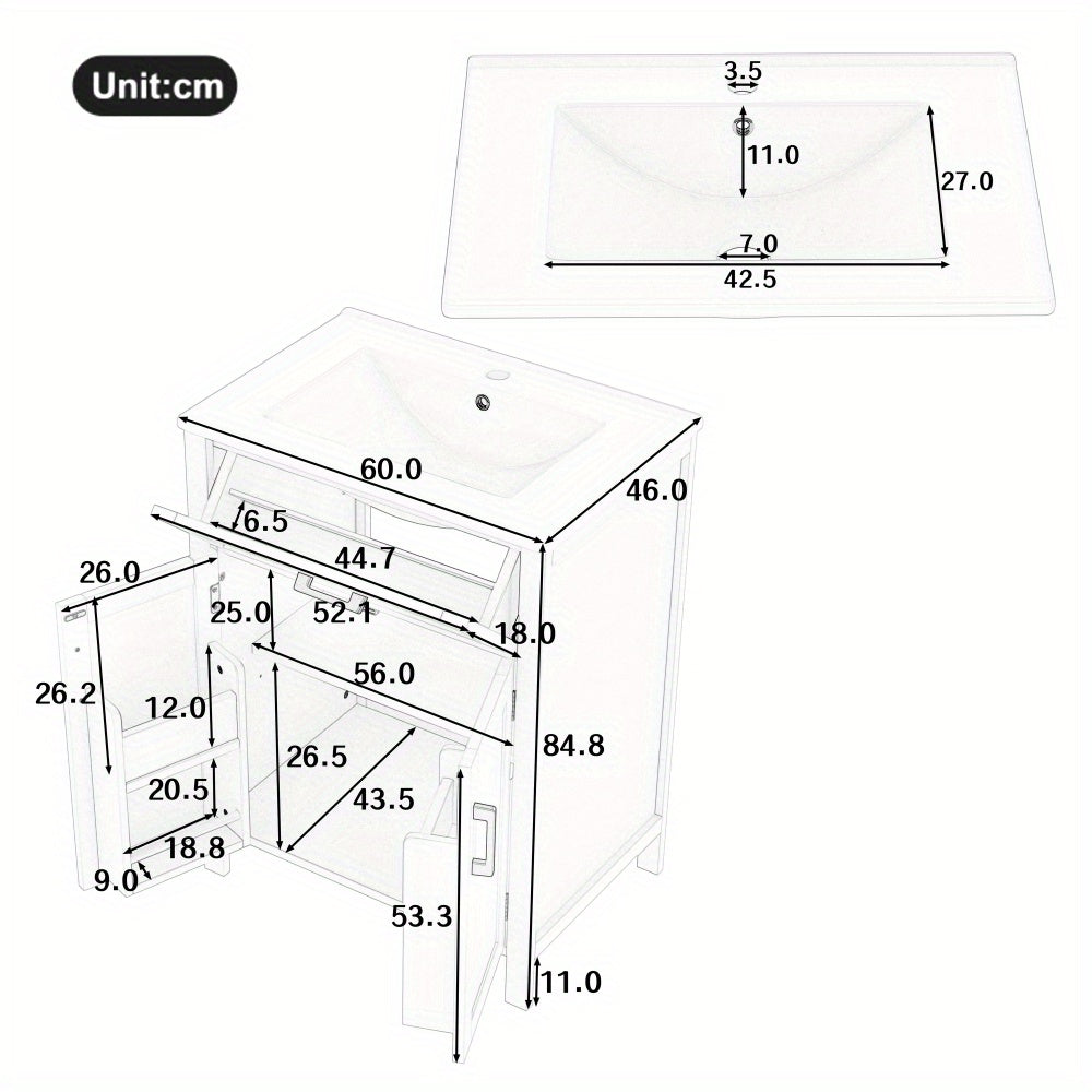 Badkamermeubel – Badkamermeubelset – Wastafelmeubel – Wastafelkast – Onderbouwkast – Vrijstaand MDF – Geïntegreerde keramische wastafel – 60x46x84,8 cm