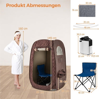 Stoomsauna – Draagbare Sauna – Sauna Tent – Stoomcabine – Mobiele Sauna – 3L Stoomgenerator – Timer & Afstandsbediening – Bruin – 89x89x149 cm