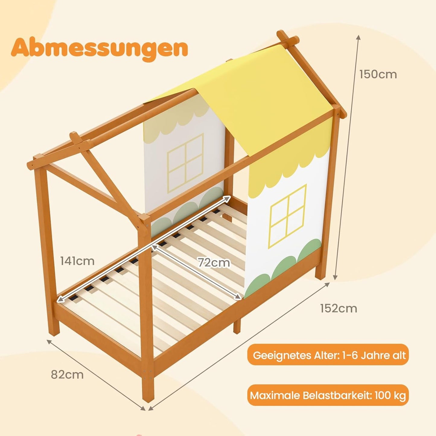 Houten Kinderbed – Bed Voor Kinderen – Kinderbed Met Canopy – Speelhuis Bed – Babybed 70x140 Cm – Robuuste Vurenhouten Constructie – Verwijderbare Wasbare Canopy