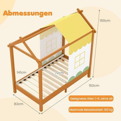 Houten Kinderbed – Bed Voor Kinderen – Kinderbed Met Canopy – Speelhuis Bed – Babybed 70x140 Cm – Robuuste Vurenhouten Constructie – Verwijderbare Wasbare Canopy