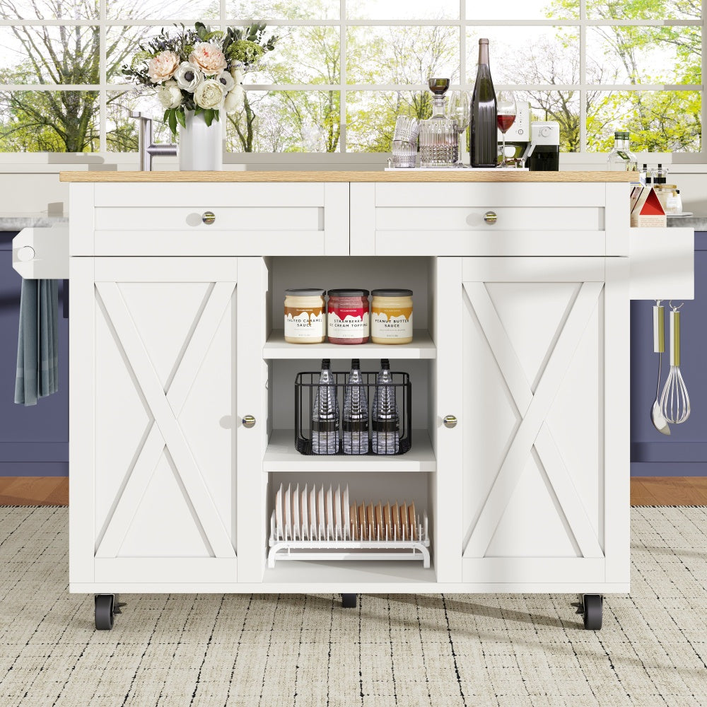 Modern White Metal Kitchen Island with Storage Cabinets, Serving Trolley & Snack Rack - Multifunctional Mobile Cart with Locking Casters, Dishwasher-Safe Countertop, Easy Assembly, Space-Saving Design for Small Kitchens, Dini