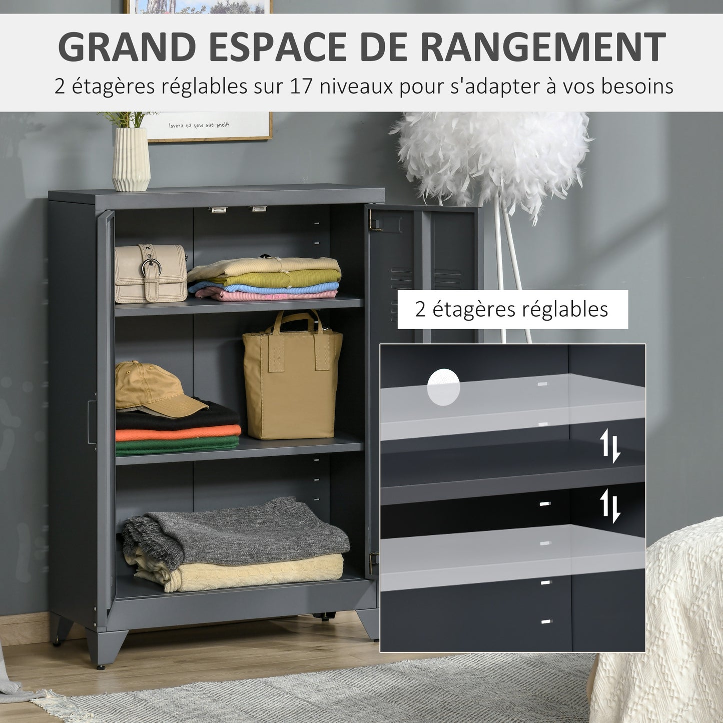 Archiefkast – Opbergkast – Dossierkast – Kantoorkast – Metalen Kast – Industrieel Design – 2 Verstelbare Legplanken – Antracietgrijs