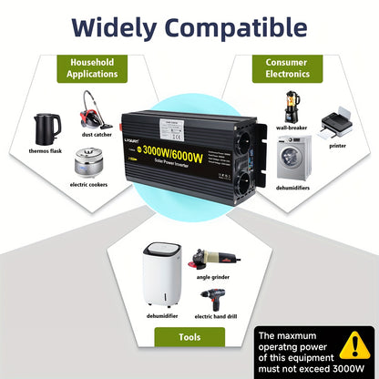 Omvormer – Spanningsomvormer – Converter – Stroomomzetter – Inverter – 3000W Continu Vermogen – LCD-Display & Metalen Behuizing