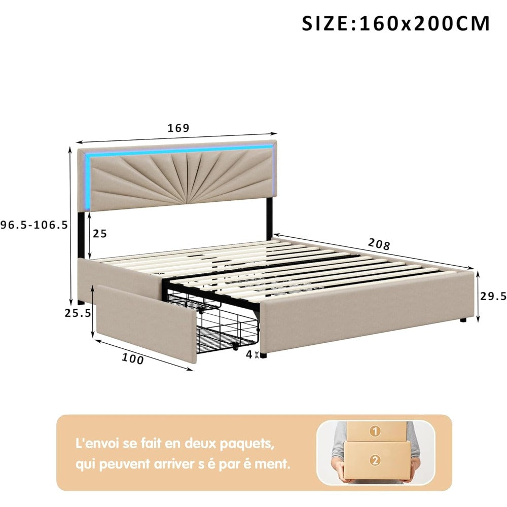 Tweepersoonsbed – Bedframe – Opbergbed – Led Bed – Linnen Gestoffeerd – Met 4 Laden – Met Houten Latten – Usb Oplaadpoorten