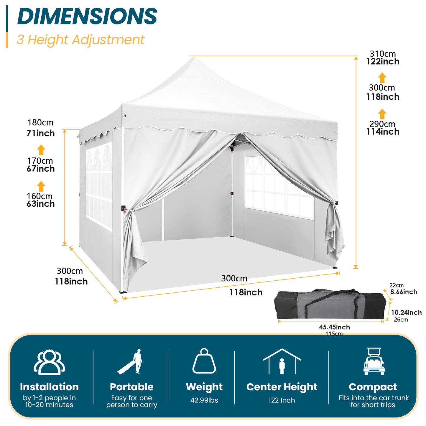 3×3m Pop-Up Portable Tent, Adjustable to 3 Heights, with 4 Removable Walls, 4 Sandbags, Carry Bag, for Picnics, Family Gatherings, Camping, BBQ, Christmas Parties