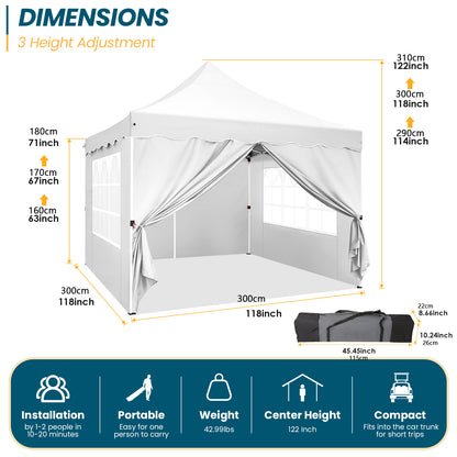 3×3m Pop-Up Portable Tent, Adjustable to 3 Heights, with 4 Removable Walls, 4 Sandbags, Carry Bag, for Picnics, Family Gatherings, Camping, BBQ, Christmas Parties