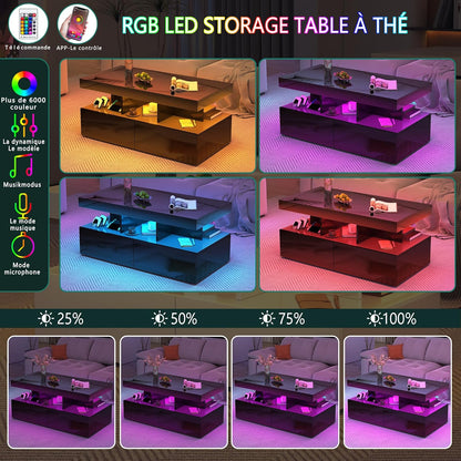 Salontafel – Koffietafel – Tafel – Bijzettafel – Modern – Zwart – Twee Laden – Verstelbare LED-Verlichting