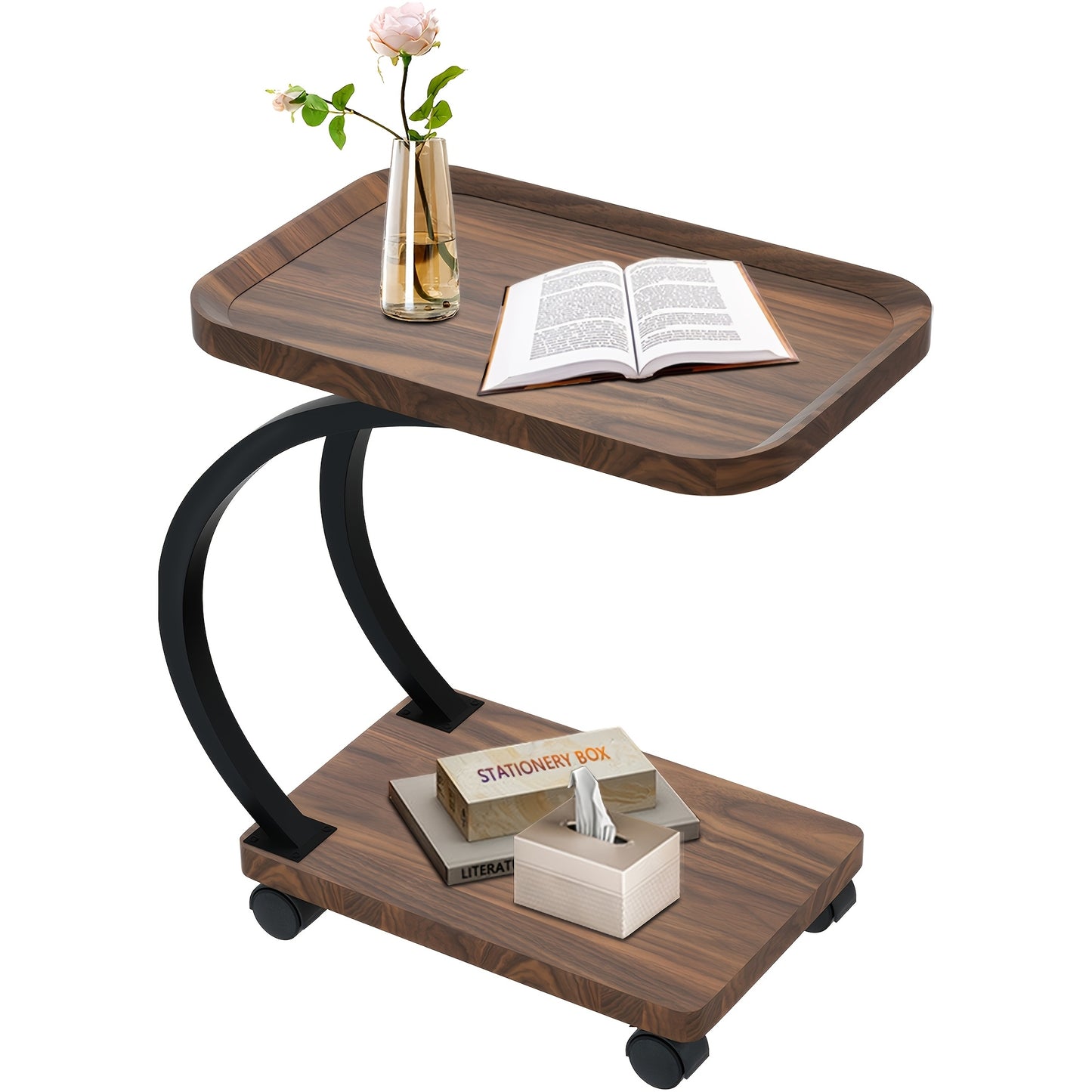 Bijzettafel – Sofa Tafel – Banktafeltje – Nachtkastje – Zijtafel – Vintage Design – Hout & Metaal – Wieltjes – Dubbel Plank – Walnoot – Geen Elektriciteit