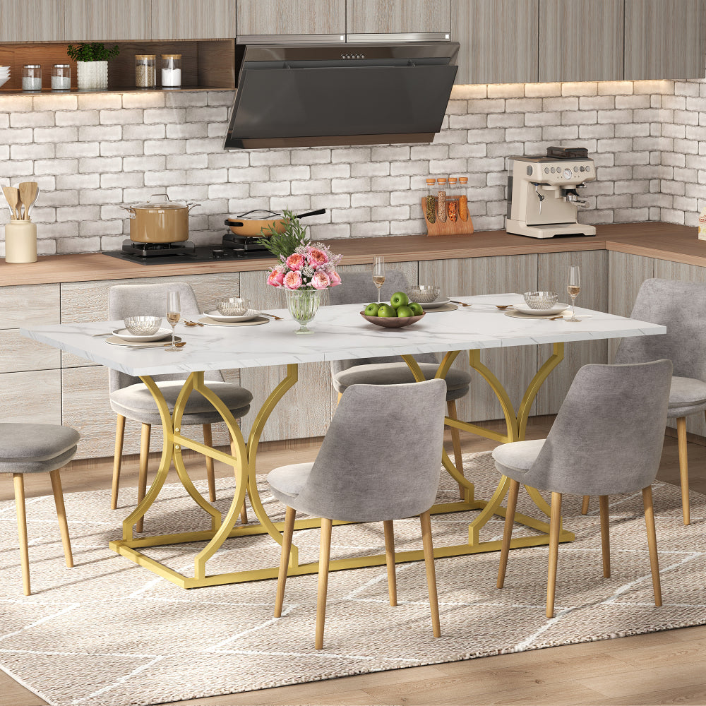 Eettafel – Dinertafel – Tafel – Keukentafel – Eetkamertafel – Extra Lang 200x80 cm – Marmerlook Blad 2,5 cm – Gouden Metalen Poten