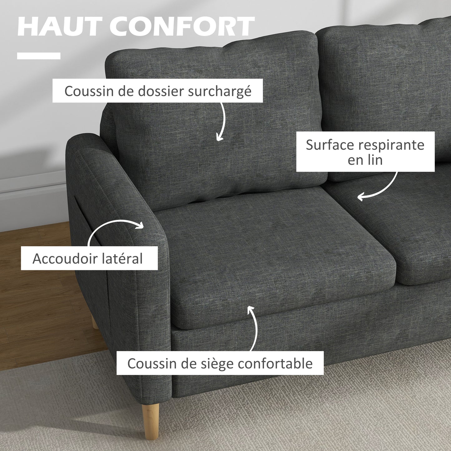 Bankstel – 2-Zitsbank – Zitbank – Sofa – Loveseat – Scandinavisch Design – Grijze Linnenlook Stof – Met Opbergvakjes Armleuningen – Massief Beukenhouten Poten