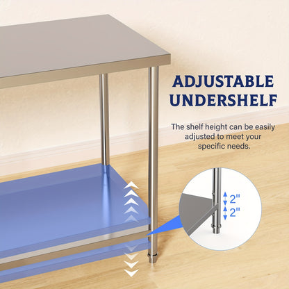 Heavy-Duty Commercial/Residential Stainless Steel Table 91.44cm x 60.96cm 2-Tier Prep Work Table with Adjustable Undershelf & Pre-Assembled Feet - Easy Assembly Large Service Table for Restaurant, Kitchen, Home, Garage - Dura
