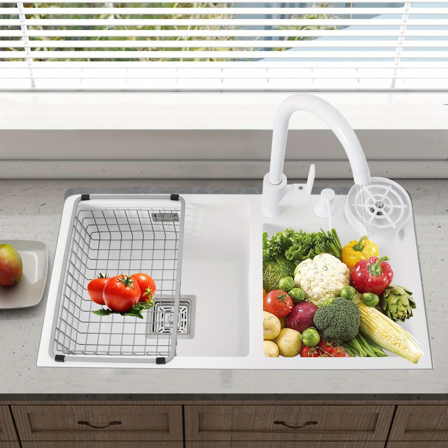 TOOL1SHOOO Large Double Basin Kitchen Sink 304 Stainless Steel with Faucet Double Basin Set Drain Basket Hand Soap Dispenser Top And Bottom Mount Modern White Sink with High Overflow Hole