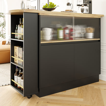 Modern 360° Rotating Bar Table with Glass Shelves - Multifunctional Kitchen & Dining Sideboard, 90x45x100cm, Easy Assembly, No Power Needed, Sleek Black Design for Contemporary Spaces, Kitchen Storage Solution, Minimalist Fu