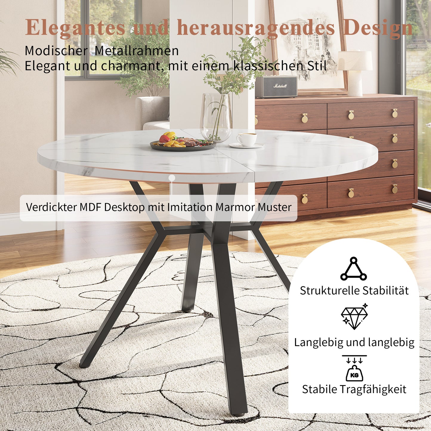 Modern BTM Round Dining Table, Marble Table with Marble Optic Table Top, Stable X-Shaped Metal Frame, Dining Table for 2-4 People, Ø100 Cm, White/Black