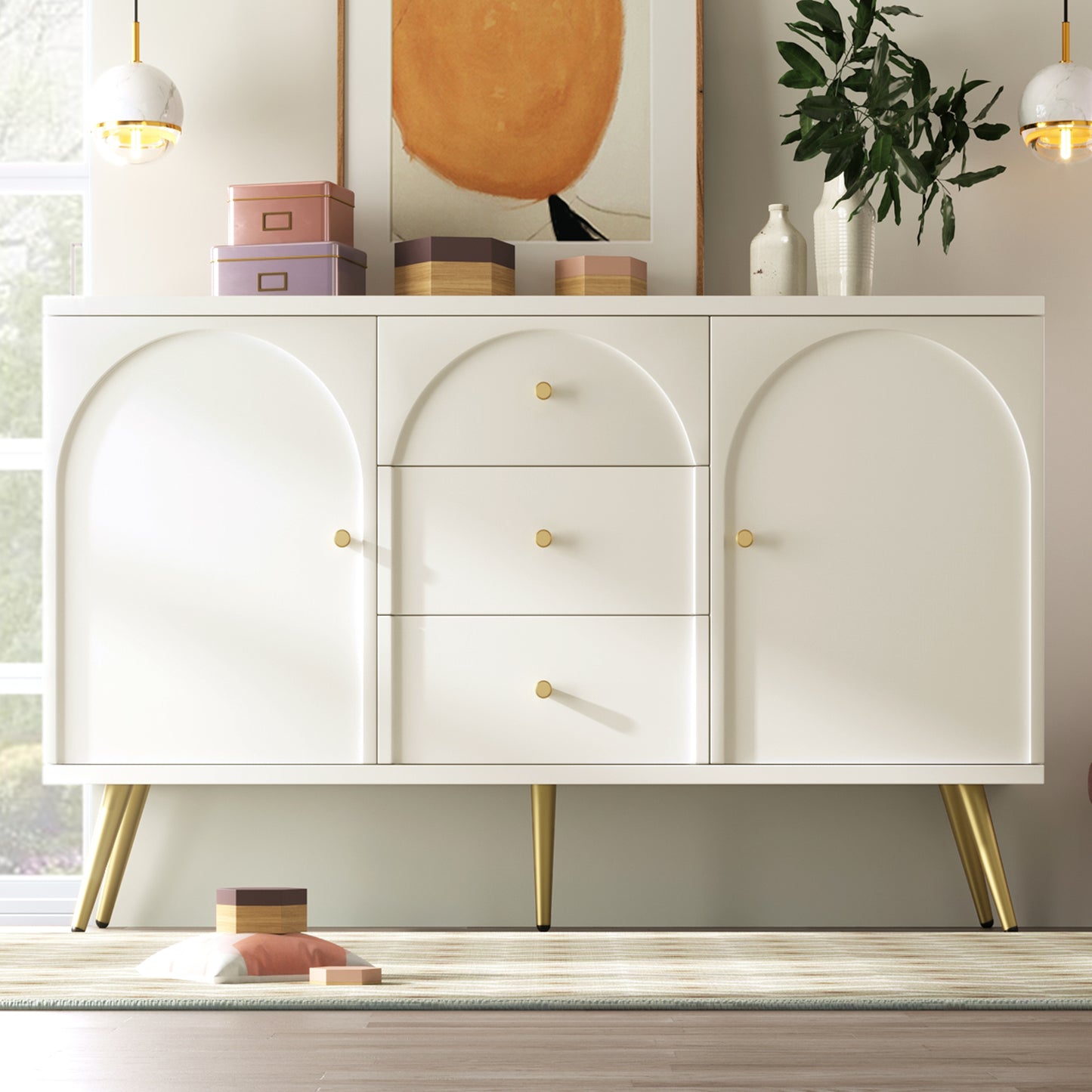 Dressoir – Kast – Ladekast – Opbergkast – Dressoir Wit – 2 Deuren en 3 Laden – Verstelbare Legplank – H84 x B140 x D40 cm