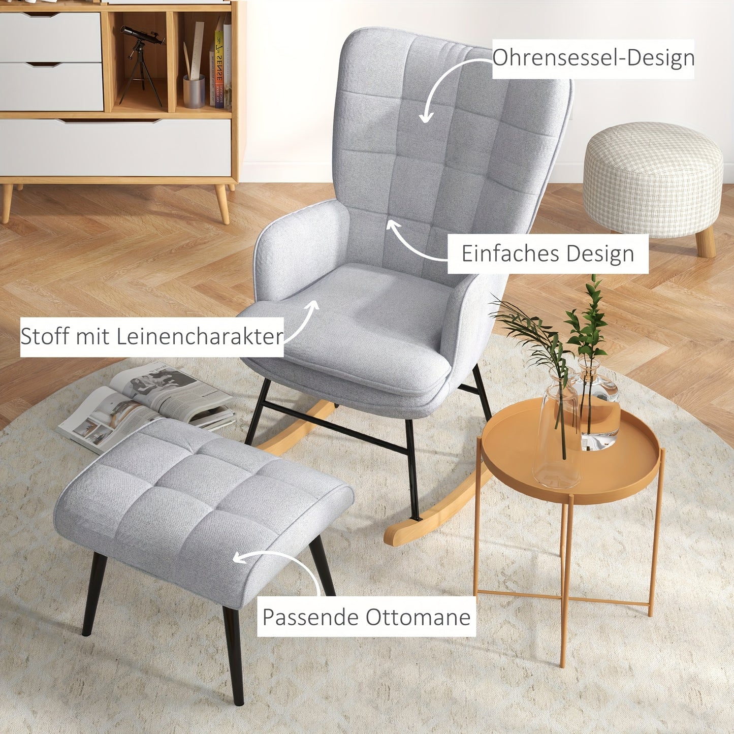 Schommelstoel – Lounge Chair – Relaxstoel – Fauteuil – Armstoel – Katoen Linnenmix – Draagvermogen 130 kg – Lichtgewicht en Comfortabel