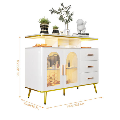 Dressoir – Sideboard – Opbergkast – Buffetkast – Ladekast – Modern Wit – 100 cm Breed – Glazen Deuren Met 3 Lades – MDF Met Metalen Frame